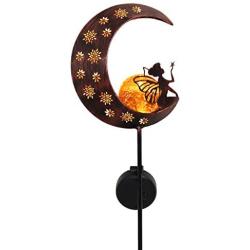 TERESAS COLLECTIONS 39 inch Metal Moon Fairy Garden Solar Lights with Angel Decor, Decorative Moon Solar Lights with Crackle Glass Ball for Outdoor Patio Yard Decorations