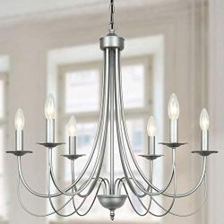 Derksic French Country Chandelier 6-Light Farmhouse Lighting Rustic Metal Candle Chandeleirs for Dining Room Living Room Bedroom Kitchen Foyer, Brushed Silver Gray Finish