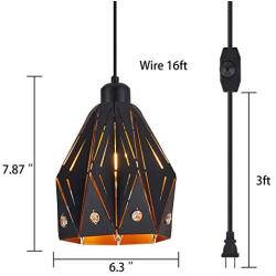 YLONG-ZS Farmhouse Pendant Light Rustic Swag Lights with Plug in 16.4 FT Cord and On/Off Dimmer Switch, Black and Gold Metal Hanging Pendant Lamps for Dining Room Bedroom Foyer Hallway Kitchen Island