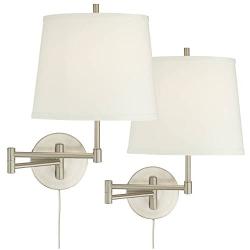 Oray Modern Swing Arm Wall Lamps Set of 2 Brushed Nickel Plug-in Light Fixture Off White Drum Shade for Bedroom Bedside Living Room Reading - 360 Lighting