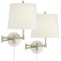 Oray Modern Swing Arm Wall Lamps Set of 2 Brushed Nickel Plug-in Light Fixture Off White Drum Shade for Bedroom Bedside Living Room Reading - 360 Lighting