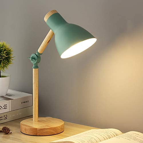 LITFAD Funnel Swing Arm Task Light Modern LED Table Light Macaron Iron 1 Head and Wood Reading Lamp Bedside Lamp for Kid Room Study Room Office Reading-Eye-Caring - Green