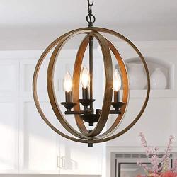 Log Barn Farmhouse Chandeliers for Dining Room, Faux Wood Hanging 3-Light Fixture for Kitchen Island, Foyer, 15.5 Inches