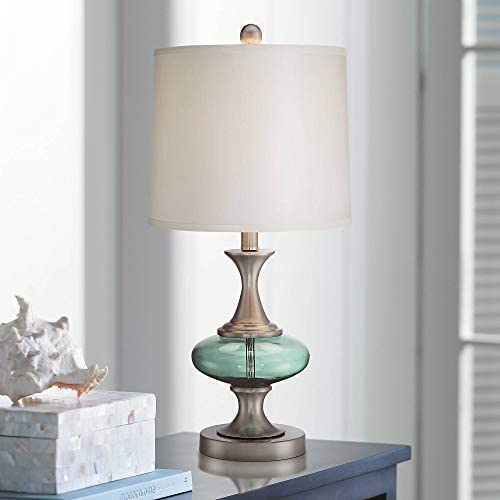 Reiner Modern Accent Table Lamp Brushed Steel Blue Green Glass Off White Drum Shade for Living Room Family Bedroom Bedside - 360 Lighting