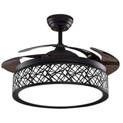 Fandian 42In Modern Ceiling Fan with Lights Remote Control Pendant Chandelier Fixtures LED Lighting Silent Retractable Blades 3 Light Colors, 3 Light Changing, Black Bird Nest Lamp for Living room, Bedroom