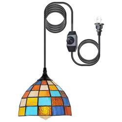 HMVPL Tiffany Style Pendent Ceiling Light with 16.4 Ft Plug in Cord and On/Off Dimmer Switch, Retro Multicolored Swag Hanging Lamp for Kitchen Island, Dining Room or Living Room (8.1'' Width)