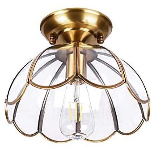 Gaze Vintage Brushed Brass Semi Flush Mount Ceiling Light(7.08'' H) Copper with Clear Glass Shade Ceiling Lamp for Bedroom, Laundry, Living Room,Foyer,Hallway,Entrance