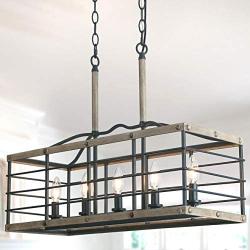 Farmhouse Chandelier for Dining Room, Rectangle 5-Light Kitchen Island Lighting, Faux Wood Finish