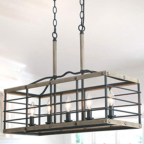 Farmhouse Chandelier for Dining Room, Rectangle 5-Light Kitchen Island Lighting, Faux Wood Finish