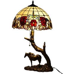 GDLight Tiffany Style Rose Table Lamp Pastoral Floral Dragonfly Stained Glass Desk Lamp,16-Inch Resin Pony Base Bedside Lights for Living Room Bedroom Study Reading