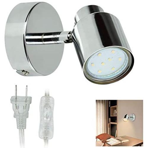 W-LITE Indoor LED Wall Spotlight Adjustable Spot Light-3W Multi-Purpose Wall Lamp Classical Surface Mounted Downlight GU10 Bulb with US Plug for Bedside Headboard Picture, Polished Chrome, Warm White