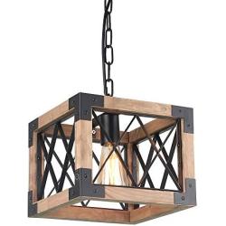 Anmytek Adjustable Wood Metal Chandelier Cube Iron Net Frame Pendant Lighting for Kitchen Island Rustic Industrial Edison Hanging Light Dining Room Vintage Ceiling Light Fixture 1-Light (P0031)