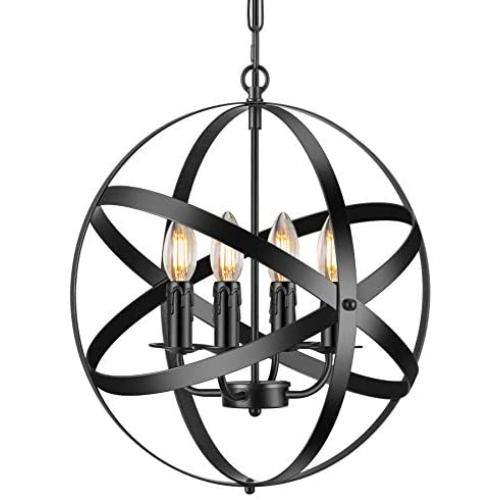 Industrial Pendant Light Vintage Spherical Pendant Lighting with 4 E12 Chandelier Lamp Base Farmhouse Black Metal Kitchen Dining Room Light Fixture, 1-Pack