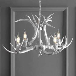 JONATHAN Y JYL6301C Eldora 26'' Adjustable Resin Antler 4-Light LED Chandelier Glam,Rustic,Cottage Dimmable, for Dining Room, Foyer, Bedroom, Silver