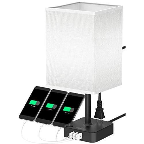 COZOO USB Bedside Table & Desk Lamp with 3 USB Charging Ports and 2 Outlets Power Strip,Black Charger Base with White Fabric Shade, LED Light for Bedroom/Nightstand/Living Room (White-Large)
