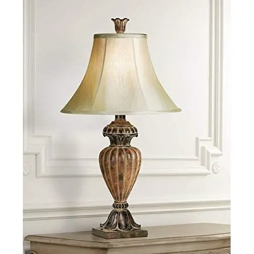 Traditional Table Lamp Urn Two Tone Bronze Off White Bell Shade for Living Room Family Bedroom Bedside Nightstand - Regency Hill