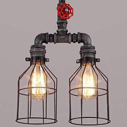 Industrial Vintage Brushed Iron Cage Ceiling Lamp Chandelier - LITFAD Edison Ceiling Light Island Light Double LED Hanging Lantern with Red Valve Water Pipe Pendant Light with 2 Lights