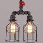 Industrial Vintage Brushed Iron Cage Ceiling Lamp Chandelier - LITFAD Edison Ceiling Light Island Light Double LED Hanging Lantern with Red Valve Water Pipe Pendant Light with 2 Lights