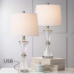 Lucas Modern Table Lamps Set of 2 with USB Charging Port Chrome and Glass Drum Shade for Living Room Family Bedroom Bedside - Regency Hill