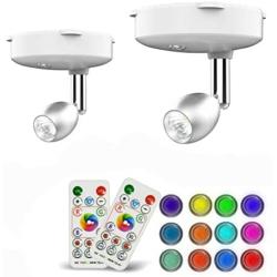 Wireless Spotlight, 2 Pack RGB Color Changing LED Accent Lights Puck Lights with Remote and AA Battary Powered Closet Light with Rotatable Lights Head Stick on Anywhere(Sliver)