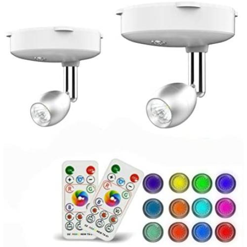 Wireless Spotlight, 2 Pack RGB Color Changing LED Accent Lights Puck Lights with Remote and AA Battary Powered Closet Light with Rotatable Lights Head Stick on Anywhere(Sliver)