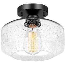 Industrial Ceiling Light Semi Flush Mount, Farmhouse Ceiling Light Fixture for Hallway Porch Kitchen Entryway Bedroom Corridor, Black Close to Ceiling Lights with Bubble Glass Shade, E26 Base