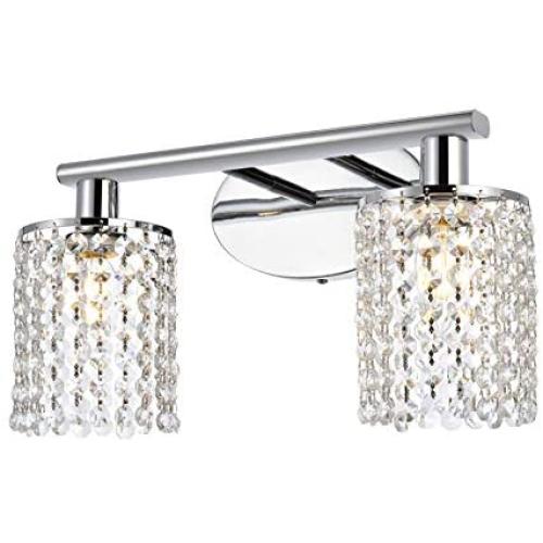 Luburs Crystal Wall Sconce Lighting Bathroom Vanity Mirror Light Fixture with Hangiing Crystal Linear Modern Crystal Room Light for Bedroom Contemporary Bedside Wall Lamp Chrome (2-Lights)