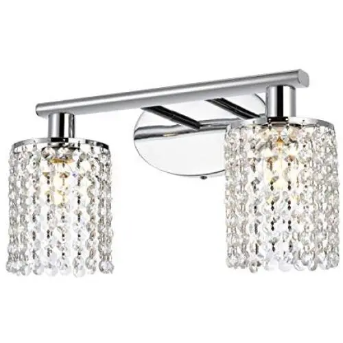 Luburs Crystal Wall Sconce Lighting Bathroom Vanity Mirror Light Fixture with Hangiing Crystal Linear Modern Crystal Room Light for Bedroom Contemporary Bedside Wall Lamp Chrome (2-Lights)