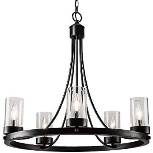Maxax Industrial Rustic Farmhouse Wagon Wheel Chandelier,5 Lights Round Kitchen Island Light for Living Room Dining Room Farmhouse Kitchen Island,Black Finish