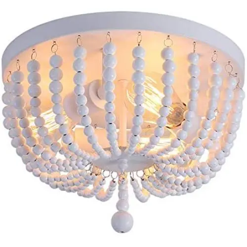 Q&S Hallway Bedroom Light Fixture Ceiling Flush Mount,White Wood Beaded Vintage Boho Chandelier,Small Farmhouse Ceiling Light Fixture for Stairway Gazebo Locker Dining Room,3 Lights
