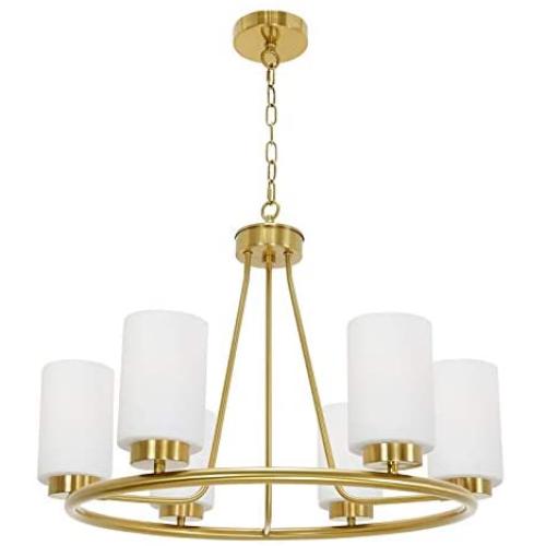TODOLUZ 6 Lights Farmhouse Dining Room Chandelier Brushed Brass Ceiling Hanging Light Fixture with Opal White Glass Shades for Kitchen Bedroom