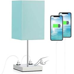 Touch Control Nightstand Lamp, Blue Lamp for Bedroom Night Table, 3 Way Dimmable with 2 Prong Outlets, Teal Fabric Shade, Chrome Lamp Base, Suitable for Kids Room, Dorm, Living Room (Bulb Included)