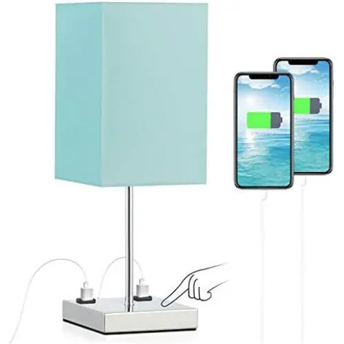 Touch Control Nightstand Lamp, Blue Lamp for Bedroom Night Table, 3 Way Dimmable with 2 Prong Outlets, Teal Fabric Shade, Chrome Lamp Base, Suitable for Kids Room, Dorm, Living Room (Bulb Included)