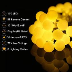 ALOVECO 44ft 100 LED Globe String Lights, 8 Dimmable Lighting Modes with Remote & Timer, UL Listed 29V Low Voltage Waterproof Decorative Lights for Bedroom, Patio, Garden, Party(Warm Color)