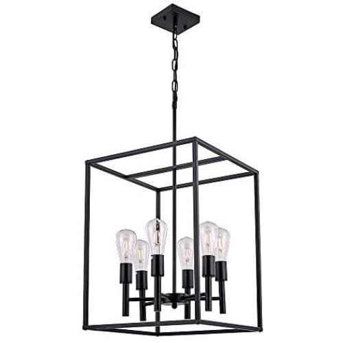 Black Classic Foyer Chandelier 6 Light Farmhouse Pendant Lighting Chandelier Light Fixtures Ceiling Hanging with Square Cage Shades Fixtures for Kitchen Dining Room Entryway by Xilicon