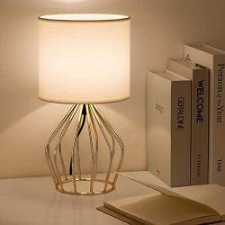 HAITRAL Gold Table Lamp - Modern Style Desk Lamp with Hollowed Out Base Linen Fabric Shade, Small Golden Bedside Lamp for Bedrooms, Living Room