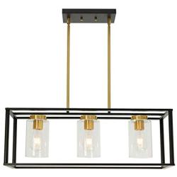 VINLUZ Industrial Chandeliers 3 Light with Clear Glass Shade Brushed Brass and Black Modern Farmhouse Dining Room Lighting Fixtures Hanging, Kitchen Island Linear Pendant Lights Ceiling