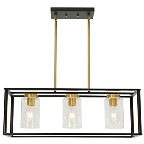 VINLUZ Industrial Chandeliers 3 Light with Clear Glass Shade Brushed Brass and Black Modern Farmhouse Dining Room Lighting Fixtures Hanging, Kitchen Island Linear Pendant Lights Ceiling