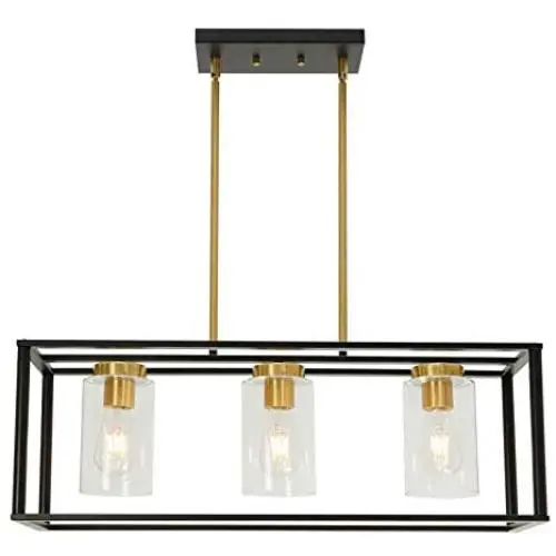 VINLUZ Industrial Chandeliers 3 Light with Clear Glass Shade Brushed Brass and Black Modern Farmhouse Dining Room Lighting Fixtures Hanging, Kitchen Island Linear Pendant Lights Ceiling