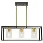 VINLUZ Industrial Chandeliers 3 Light with Clear Glass Shade Brushed Brass and Black Modern Farmhouse Dining Room Lighting Fixtures Hanging, Kitchen Island Linear Pendant Lights Ceiling