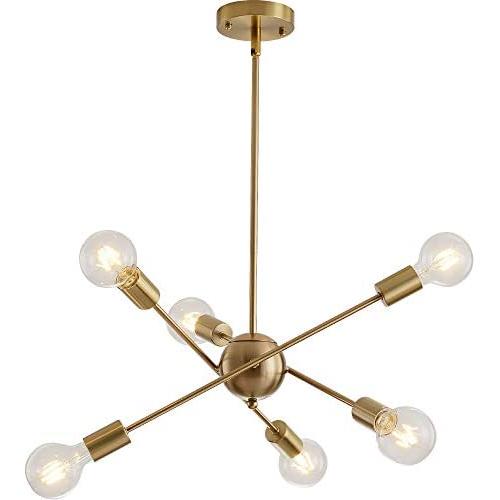 Modern Sputnik Chandelier Lighting Fixture 6 Lights Brushed Brass Chandeliers Mid Century Pendant Light Gold Ceiling Light Fixture for Hallway Bar Kitchen Dining Room (Brushed Brass)