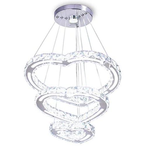 Modern Crystal Chandelier Light Fixture 3 Heart Rings LED Pendant Lighting Hanging Adjustable Stainless Steel Ceiling Lamp for Living Room Staircase Bedroom Dinning Room(Heart Cool White)