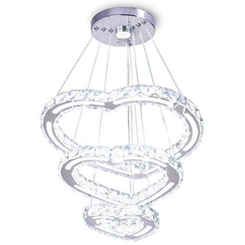 Modern Crystal Chandelier Light Fixture 3 Heart Rings LED Pendant Lighting Hanging Adjustable Stainless Steel Ceiling Lamp for Living Room Staircase Bedroom Dinning Room(Heart Cool White)