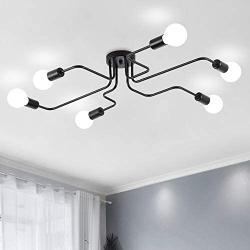 ZEEFO Flush Mount Ceiling Light Modern Art Vintage Sputnik Design Chandelier Metal Black Industrial Lighting Fixtures with 6 Lights E26 Bulb Base Suitable for Kitchen,Dining Room, Bedroom