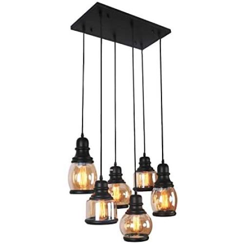 Unitary Brand Antique Black Shade Glass Jar Dining Room Multi Pendant Light Fixture with 6 E26 Bulb Sockets 360W Painted Finish