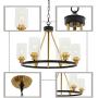 MELUCEE 6-Light Wagon Wheel Farmhouse Chandelier Black Finish and Brass Accents with Clear Glass Shade, Industrial Dining Room Light Round Island Lights for Kitchen Foyer