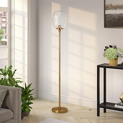 Henn&Hart FL0355 Industrial Modern Standing Floor Lamp for Living Room, Bedroom, Office, Gold/Clear Glass