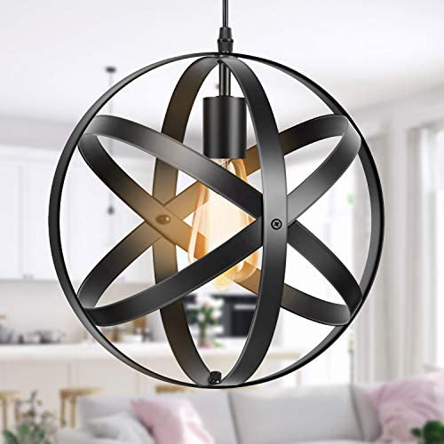 Industrial Metal Pendant Light, Spherical Cage Pendant Light Black, Farmhouse Globe Chandelier Vintage Hanging Ceiling Light Fixture for Kitchen Island Dining Room Farmhouse Entryway Foyer Hallway