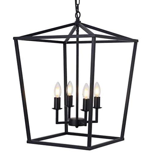 19.1'' Farmhouse Chandelier 4-Light Black Lantern Pendant Light Fixture Industrial Vintage Lantern Iron Cage Hanging Light for Dining Room Kitchen Island Hallway Foyer