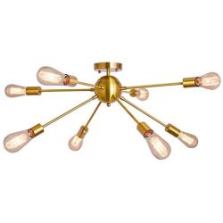 KOSTOMO 8 Light Sputnik Chandelier Brushed Brass Rustic Flush Mount Ceiling Light Gold Modern Pendant Lighting Fixtures for Kitchen Bathroom Dining Room Bedroom Hallway （8C Lights-Brass）